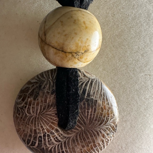 Coral Fossil Donut Pendant Necklace on Black Faux Leather Double Rope - Picture 10 of 14